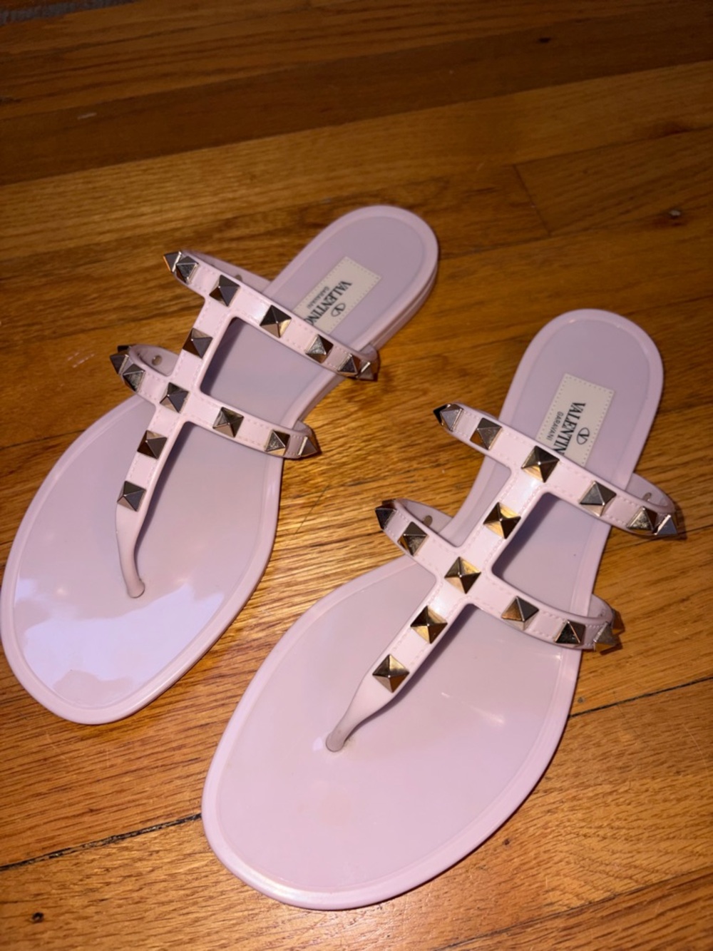 Valentino White Patent Rockstud Triple-Strap Slide Sandals
